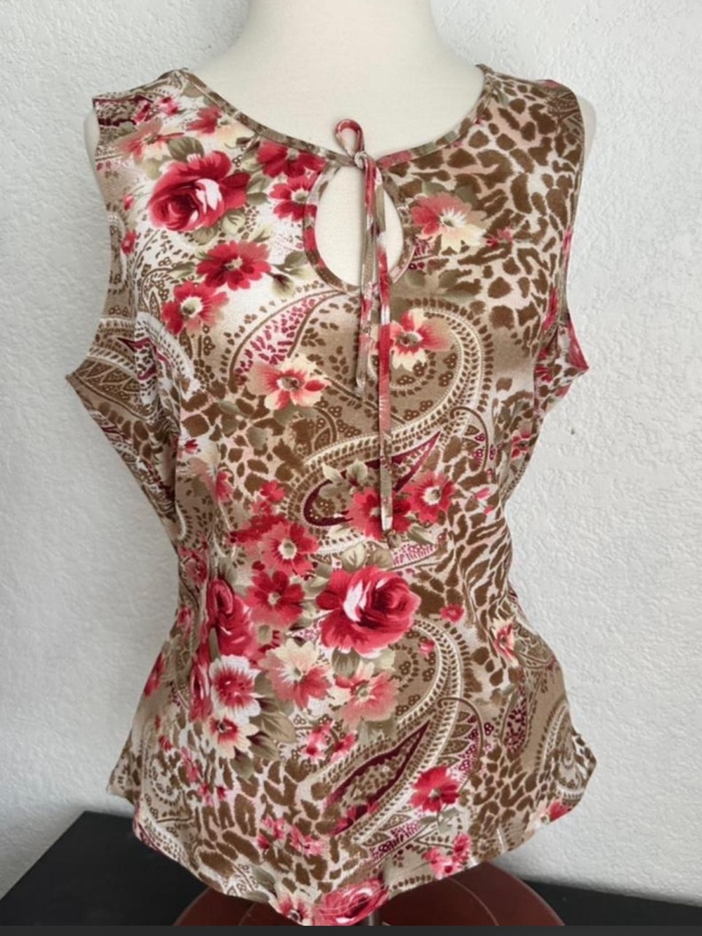 Susan Lawrence Vintage Floral Romantic‎ Paisley Leopard Print Sleeveless Blouse
